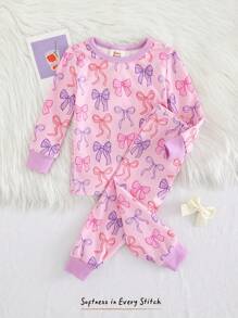 Cozy Pixies Infant Girl Bow Decor Knitted Soft Crew Neck Long Sleeve Top And Elastic Waist Legging 2Pcs Pajama Set