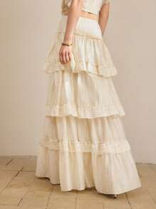 Ontre 2026春夏女士荷叶边优雅多层荷叶边半身裙，女士春夏服装，优雅半身裙，适合外出、浪漫、度假、简约优雅、都市通勤、现代、休闲等场合，多层蛋糕裙，杏色、浅黄色半身裙，时尚百搭畅销女裙 - 杏色 - 查看 6