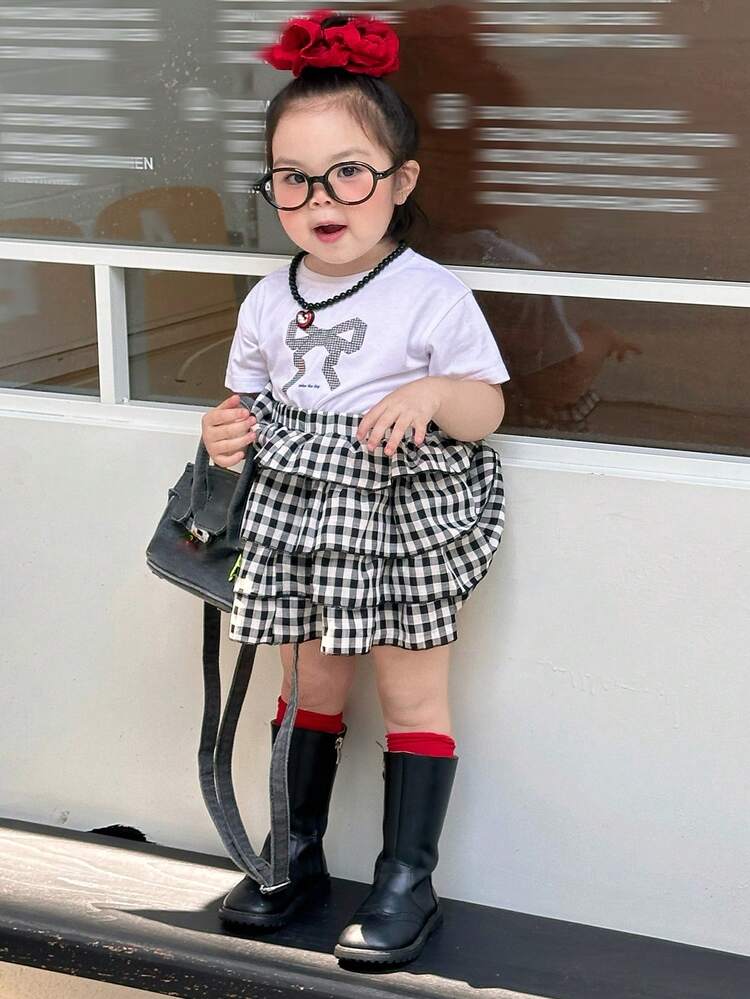 Baby Girl Round Neck Bow Print Casual Short Sleeve T-Shirt + Plaid Skirt Set, Summer