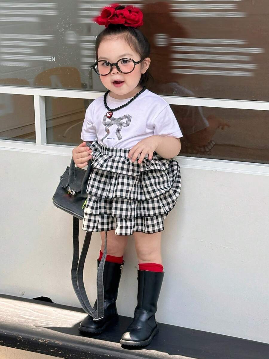 DAZY Infant/Toddler Girls' Round Neck Bow Print Casual Short Sleeve T-Shirt + Plaid Skirt Set, Summer - Black and White - View 1