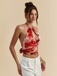 SHEIN BAE Top de escote halter sin espalda con estampado floral y recortes sexy para mujer, verano - Rojo - Ver 4
