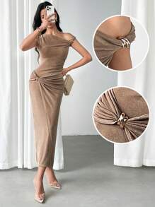 Modelyn Women's Elegant Ruched Shoulder Cinched Waist Dress, Summer - Brown - View 1