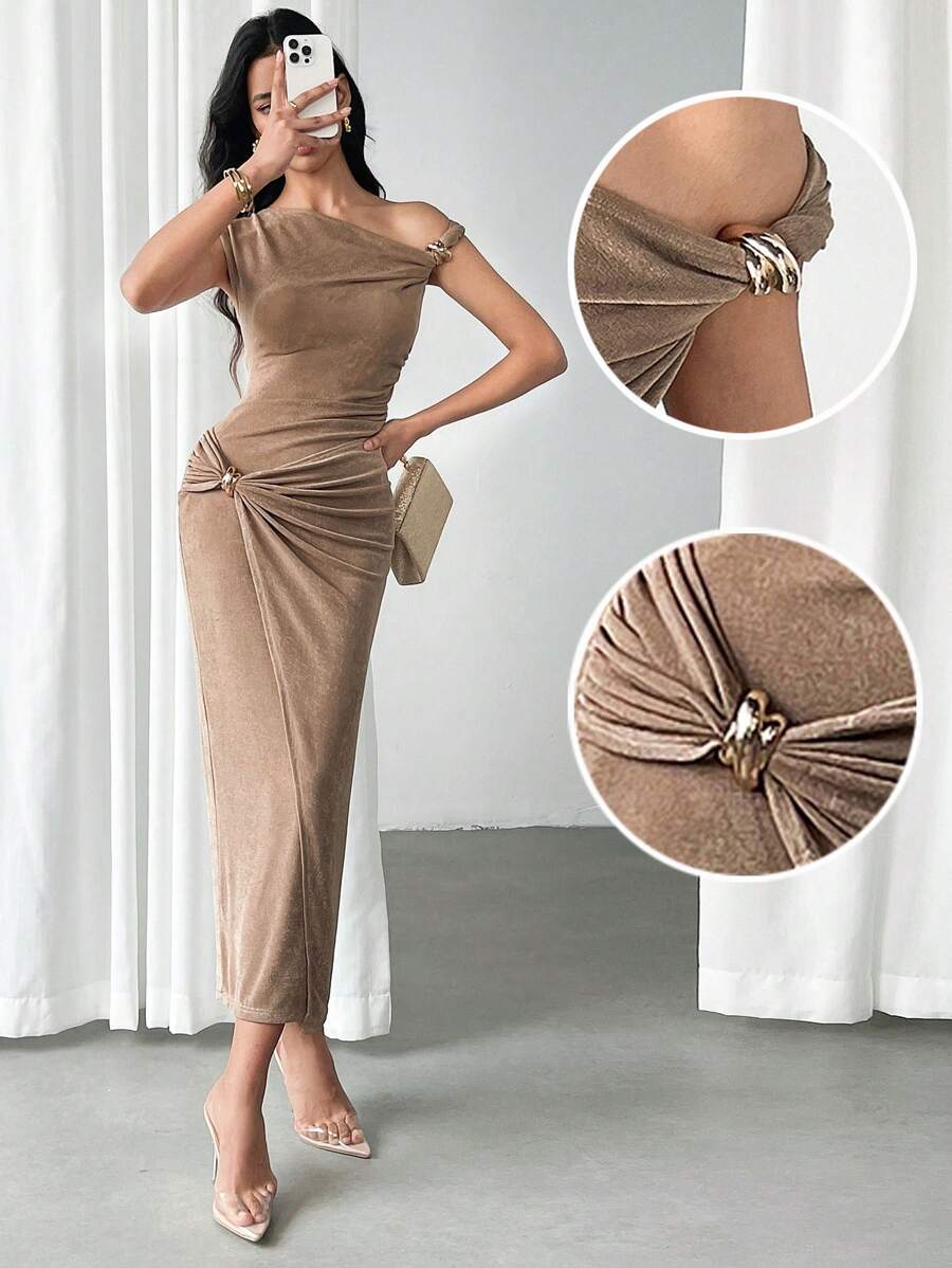 Modelyn Women's Elegant Ruched Shoulder Cinched Waist Dress, Summer - Brown - View 1