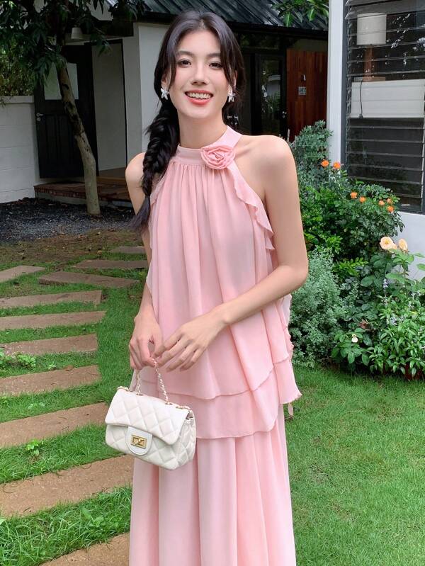 Celisse 2pcs/Set Women Commuting Simple Solid Color Stand Collar Sleeveless Top With Ruffle Hem Skirt Suit, Summer