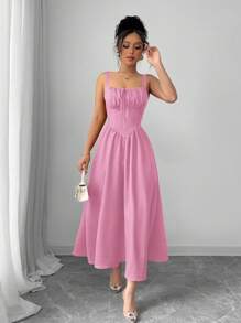 Women's Plain Red Maxi Dress For Summer 2025, Perfect For Valentine's Day Or Holidays, Featuring Ruffles At The Front, A Bow, An Asymmetrical Neckline, And A Slimmed Waist - 羅莎 - 查看 5