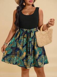 Travachic Robe décontractée à col rond sans manches avec imprimé de plante tropicale, tailles grandes pour femmes