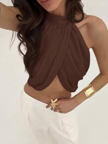 Aloruh 雪纺休闲时尚交叉褶皱后领纽扣优雅性感女式衬衫，棕色，度假款 - 棕色 - 查看 7