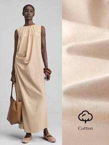 Ontre 2025 Spring & Summer Solid Color Draped Sleeveless Dress, Women Casual Graduation Dress, Easter Dress, Elegant Flowing Party Dress, Graceful Vacation Dress, Comfortable Bridesmaid Dress, Beach Dress - Khaki - View 2