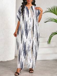 SHEIN Lady 优雅休闲工作派对条纹印花 V 领开衩蝴蝶袖女式连衣裙长款连衣裙 - 灰色 - 查看 5