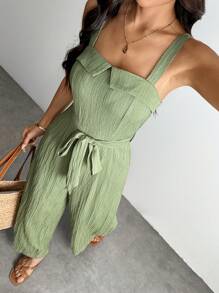 SHEIN PETITE Bộ đồ liền thân ống rộng buộc eo màu trơn dành cho nữ, Trang phục mùa hè, Kỳ nghỉ, Xanh lá cây xô thơm, Bộ đồ liền thân có cổ bẻ và thắt eo. Quần ống rộng - màu xanh lá - Xem 9