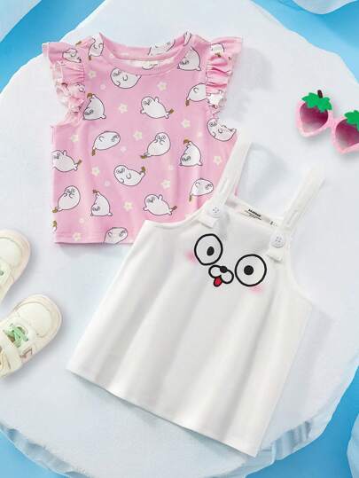 SEALOOK X SHEIN 2pcs Baby Girl Sweet Cute Seal Graphic Pink Cap Sleeve T-Shirt And Adjustable Strap A-Line Dress Set