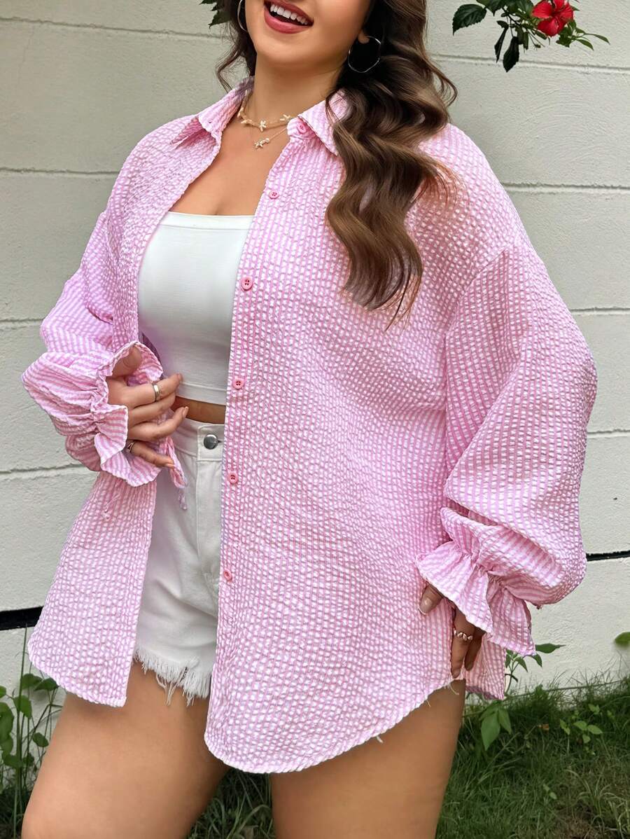 SHEIN EZwear 大碼喇叭袖襯衫 - 彩色 - 查看 1