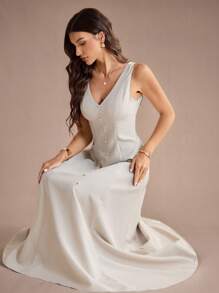 SHEIN Tall Vestido de lino sin mangas y cintura acampanado para mujer, primavera/verano - Caqui - Ver 3