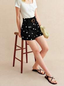 Écloséra Damen lässige Shorts mit Polka Dot Muster und Ringgürtel