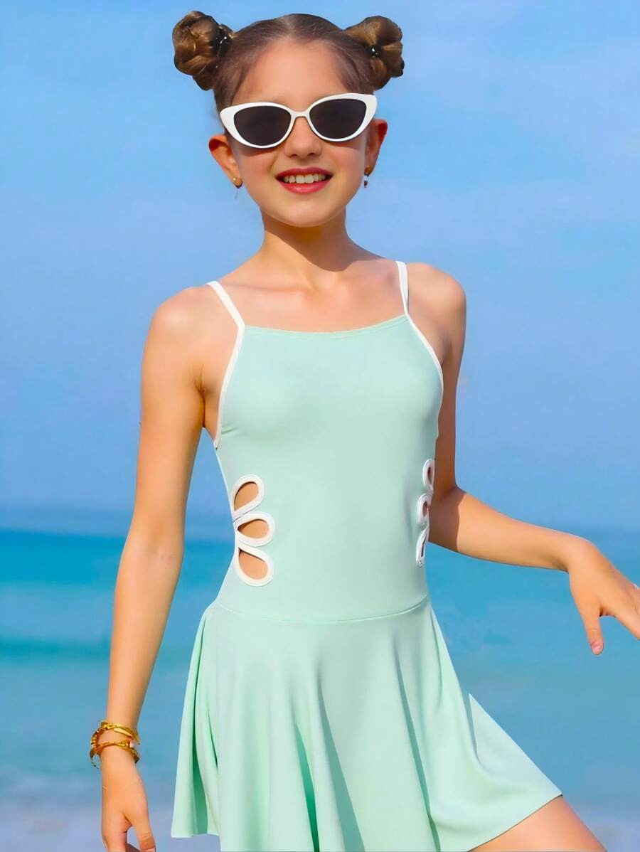 SHEIN 青少年女孩黑白拼布镂空分体泳衣套装，中长款吊带泳衣和泳裤 2 件套 - 彩色 - 查看 1