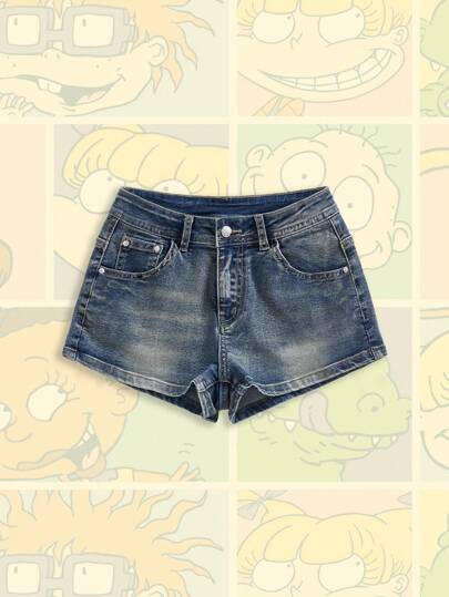 Nick 90's X ROMWE Shorts de mezclilla casuales con decoración de bolsillo con personajes de dibujos animados para mujeres