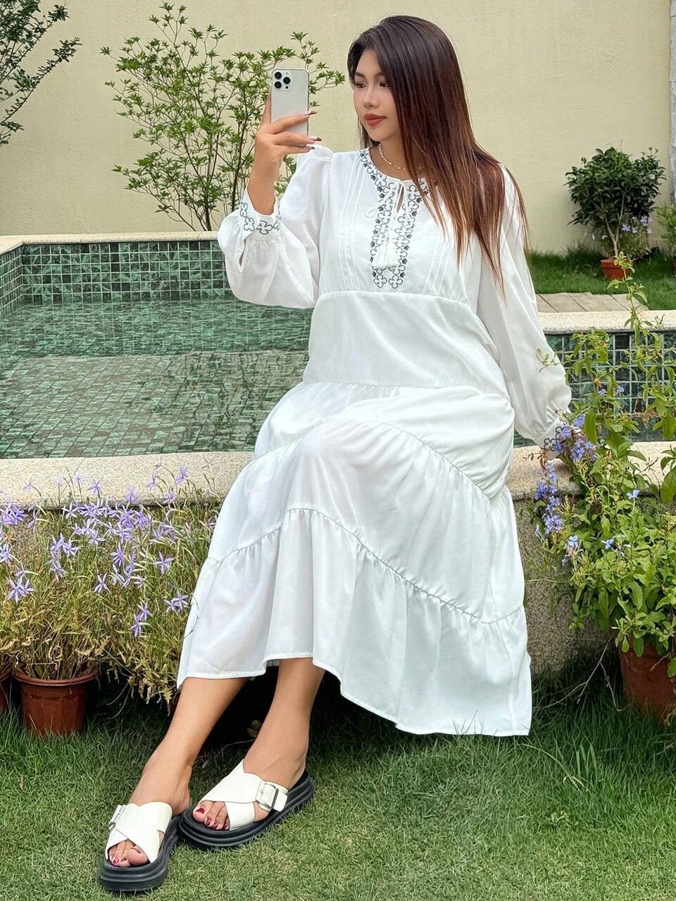 Dazy Plus Plus Size Women 3/4 Sleeve Loose Long White Dress With Front Placket Decor,Fall Dress Long Sleeve Dress Maxi Dress Vacation Outfits Women