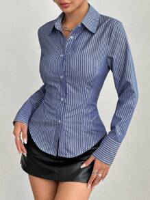 Flirla Petite 休闲条纹腰部修身女式通勤衬衫 - 彩色 - 查看 4