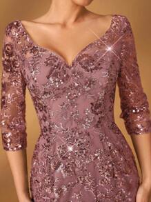 Serin 优雅奢华串珠网眼蕾丝刺绣 V 领中袖鱼尾连衣裙，适合正式派对、约会、度假、婚礼、新娘母亲仪式