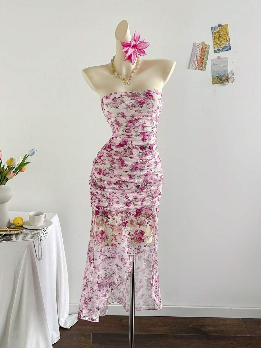 Soleia 女士浪漫雏菊印花蕾丝褶饰露肩低腰不对称下摆连衣裙，度假风 - 彩色 - 查看 1