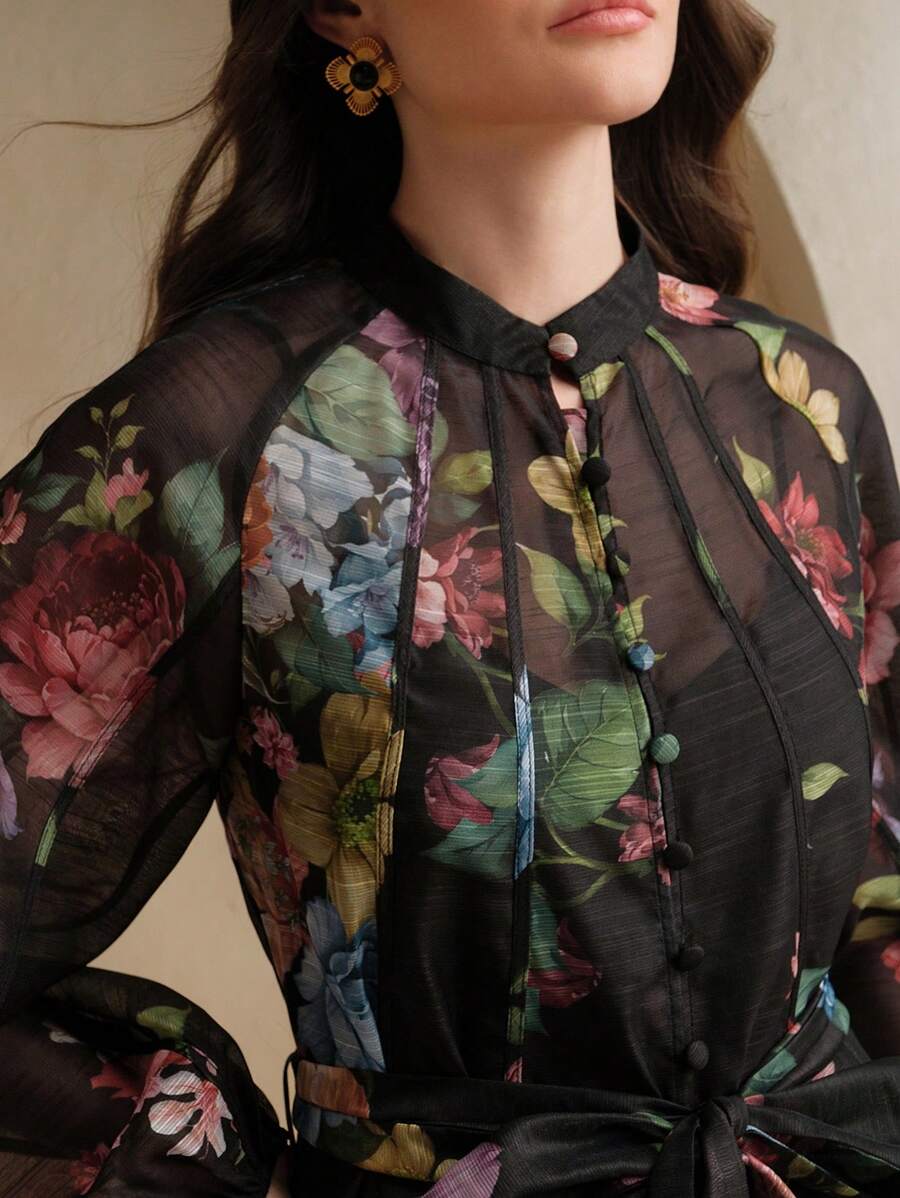 春季、夏季、优雅、度假、约会之夜、花卉 Anewsta 女士度假花卉印花灯笼袖优雅连衣裙