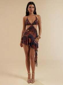 SHEIN BAE Women Sleeveless Halter Neck Hollow Lace-Up Asymmetrical Hem Ruffle Hem Summer Dress Woman S Summer Clothes Women Short Dresses Summer Women Summer Clothing,Dresses For Women Summer,Club Outfits Women Sexy, Halloween Clothes,Halloween Costume - Brown - View 3