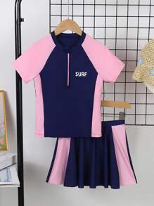 2pcs Girls Swimsuit Set, Patchwork Design In Pink & Powder Blue, Dress & Shorts Bottom, Lightweight & Soft Fabric, High-Quality Gradients, Family Matching Swimwear, Millennium Vintage Style, Sporty & Fashionable - Multicolor - View 3