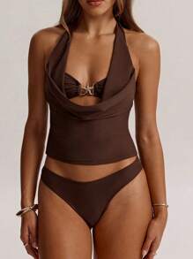 Swim Chiccia 海星链格纹圆领女式吊带比基尼上衣 - 棕色 - 查看 1