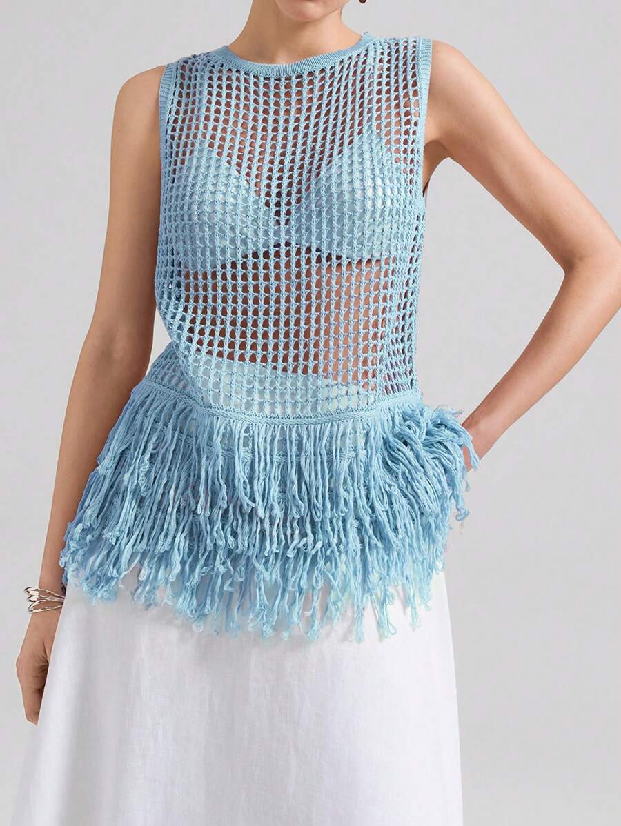 Ontre 斯德哥尔摩风格，女教师，秋季时尚，2025新款波西米亚度假风连衣裙，流苏下摆镂空无袖针织背心，亚麻粉色套头针织背心，V领度假风女式度假透视上衣