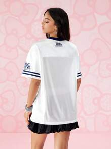 HELLO KITTY AND FRIENDS | SHEIN 女式休闲卡通字母图案 V 领撞色边宽松落肩网眼透气 T 恤，夏季 - 白色 - 查看 2