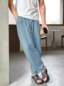 Manfinity ModaGents Pantalones rectos casuales con cintura ajustable con cordón para hombres
