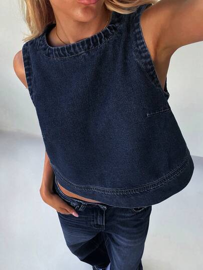 SHEIN Forever 21 Women Solid Color Crew Neck Sleeveless Denim Top