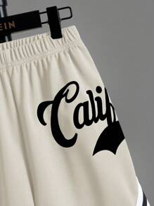 SHEIN Pantalones cortos deportivos de punto con diseño de patrón deportivo con ajuste holgado para niño preadolescente, pantalones cortos de baloncesto