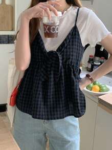 DAZY 女式格子休闲扭纹荷叶边吊带衬衫 2 件套 秋冬 - 寶藍色 - 查看 3