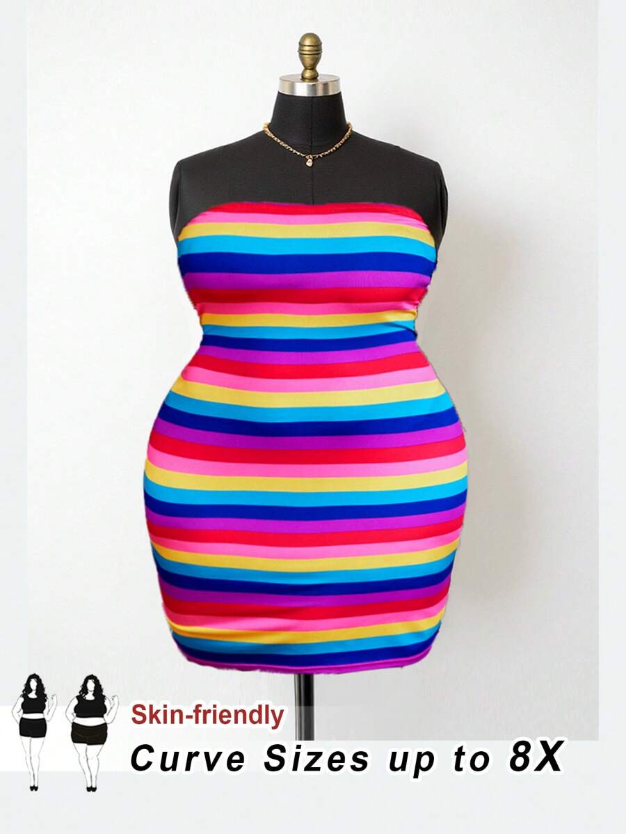 SHEIN CURVE+ Women Plus Size Casual Color Block Striped Bodycon Strapless Dress For Summer4th Of July / USA / 4th Of July Outfits / 4th Of July Clothes / 4th Of July Women,Pride Month,Rainbow,Color Stripes,Sun Dresses For Womenbeach Outfits For Woman/Beach Dress/Beach Vacation Outfits/Beach Essentials / Graduation/Tea Party Dress/Graphic Tees - Multicolor - View 1