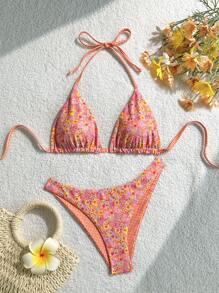 Sweetra Women's Summer Vacation Reversible Ditsy Floral & Plaid Bikini Set