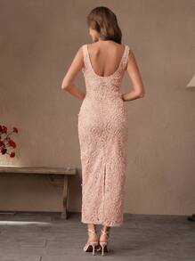 SHEIN Unity 优雅修身珍珠贴花女士连衣裙，适合夏季、海滩、节日、度假、性感、派对 - 粉色 - 查看 3