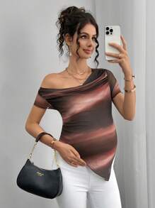 Momance Mesh Gradient Print Casual Asymmetrical Shoulder Maternity T-Shirt - Brown - View 1