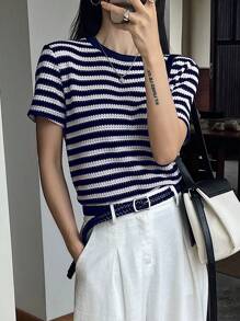 Dazy-Less 女士休闲商务短袖T恤，拼色格子图案，适合办公室穿着 - 藏蓝色 - 查看 6