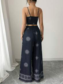 Elenzga 2 件套女士绿色花卉印花吊带背心和休闲裤套装，休闲度假风格