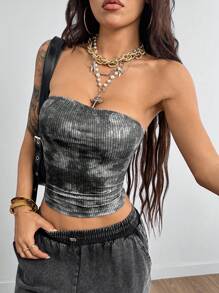 Coolane 做旧扎染褶裥修身短款吊带背心 - 黑與白 - 查看 5