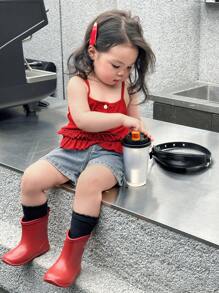 DAZY Salopetă casual din denim, cu imprimeu de inimă, lavabilă, pentru bebeluși și fetițe