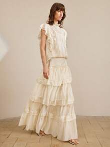 Ontre 2026春夏女士荷叶边优雅多层荷叶边半身裙，女士春夏服装，优雅半身裙，适合外出、浪漫、度假、简约优雅、都市通勤、现代、休闲等场合，多层蛋糕裙，杏色、浅黄色半身裙，时尚百搭畅销女裙 - 杏色 - 查看 7