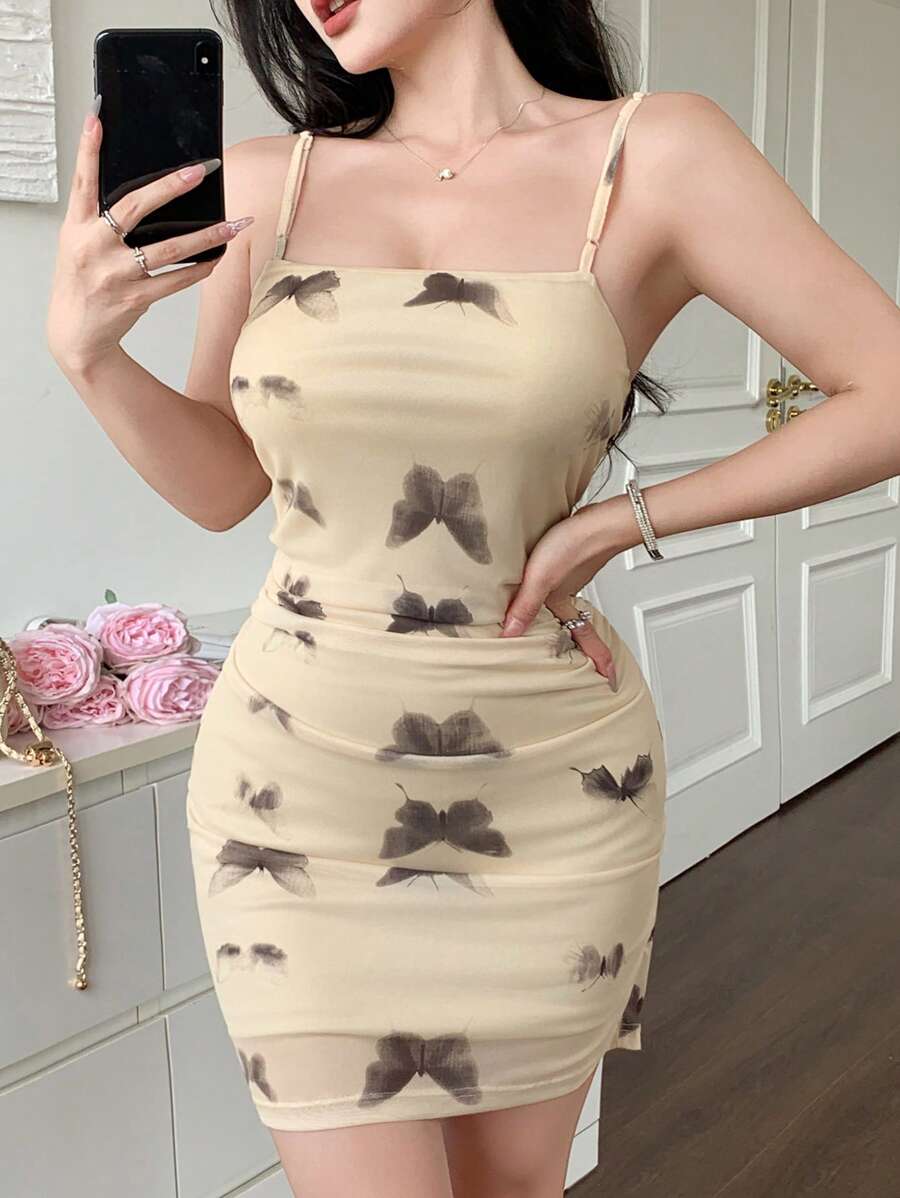 DAZY Butterfly Print Spaghetti Strap Pleated Bodycon Mini Dress For Women