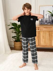 SHEIN Bộ đồ ngủ tay ngắn cổ tròn Dozemod Kids Tween Boys và quần dài, phong cách tối giản và thời trang, phù hợp cho mùa hè - màu đen - Xem 5
