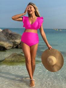 SHEIN Maternity Solid V-Neck Ruffle Trim Cap Sleeve Bikini Set, Summer - Hot Pink - View 3