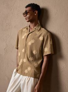 AKNOTIC Men's Khaki Woven Jacquard Jacquard Loose Fit Short Sleeve Shirt, Suitable For Summer, Vacation, Casual Wear, Party, Men's Gift, School - Apricot - View 4