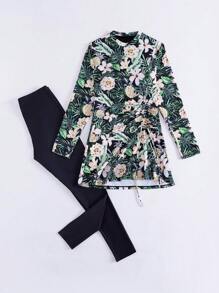 Swim Mulvari 2pcs/Set Women Tropical Plant Floral Print Tight Fit Long Sleeve Casual Beach Holiday Burkini Swimsuit Set, Spring/Summer