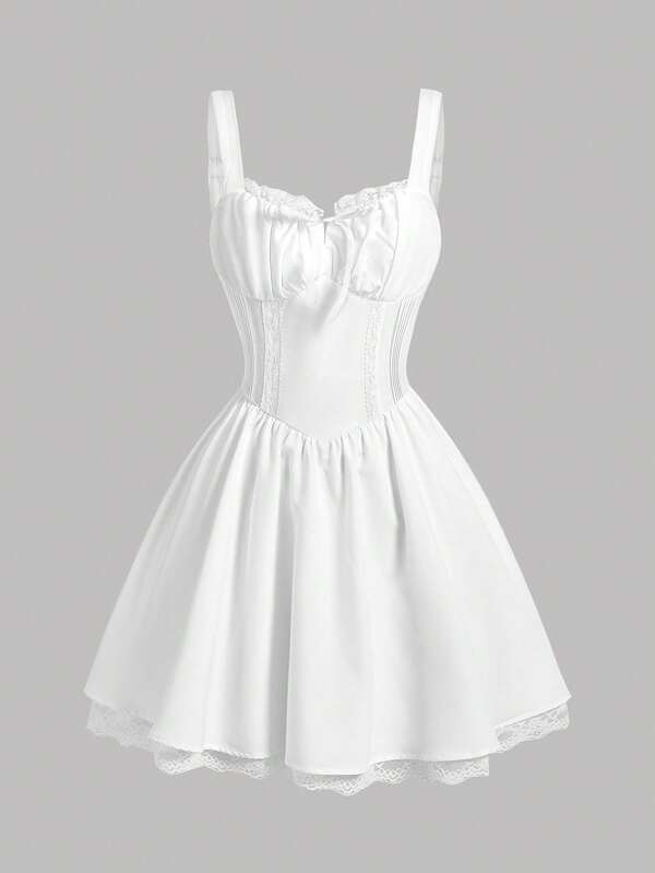 SHEIN Tween Girl White Bralette Floral Lace Patchwork Backless Tie Cami Crop Dress