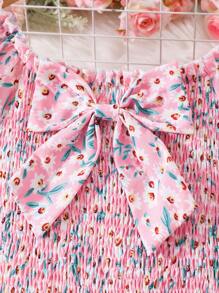 Sparklyn Blommig rosettklänning med kort ärm för flickor - Rosa - Visa 3
